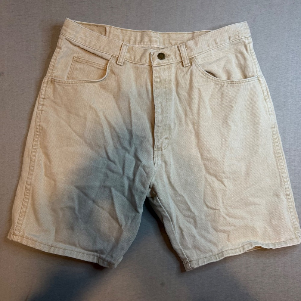 VTG Wrangler Authentics Mens Tan Denim Shorts Khaki Cotton Size 34